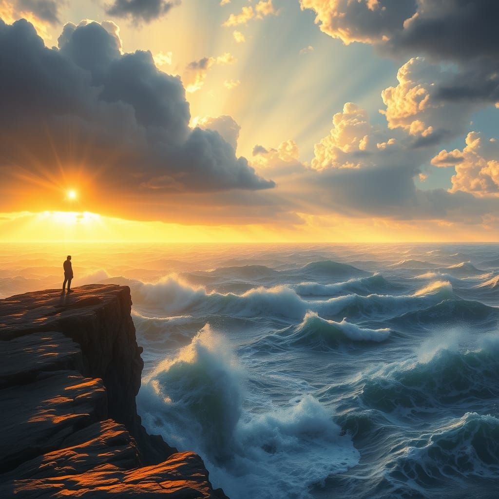 Celestial Dawn Over Turbulent Sea, Epic Fantasy Art