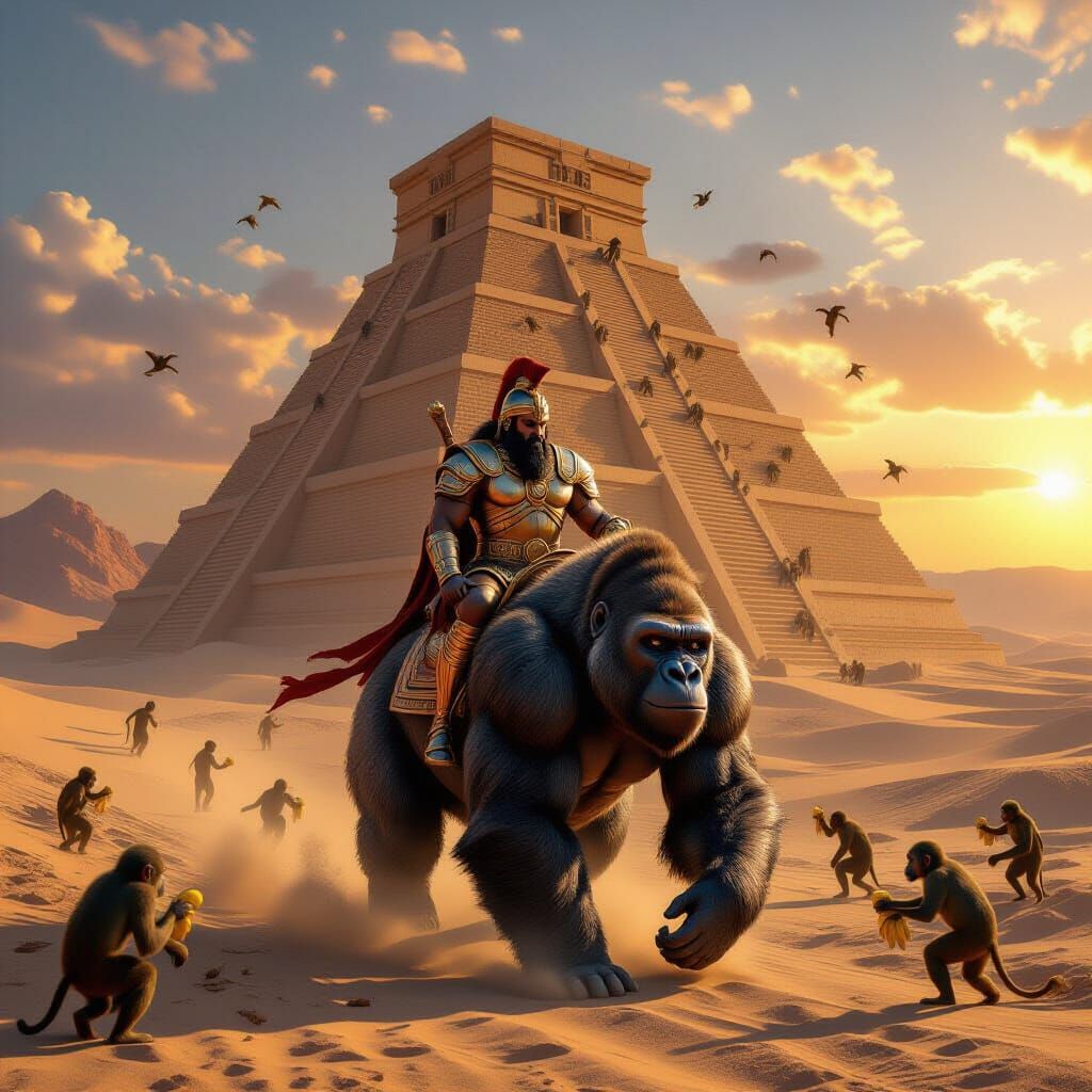 Gilgamesh Rides Gorilla Before Ziggurat with Monkeys