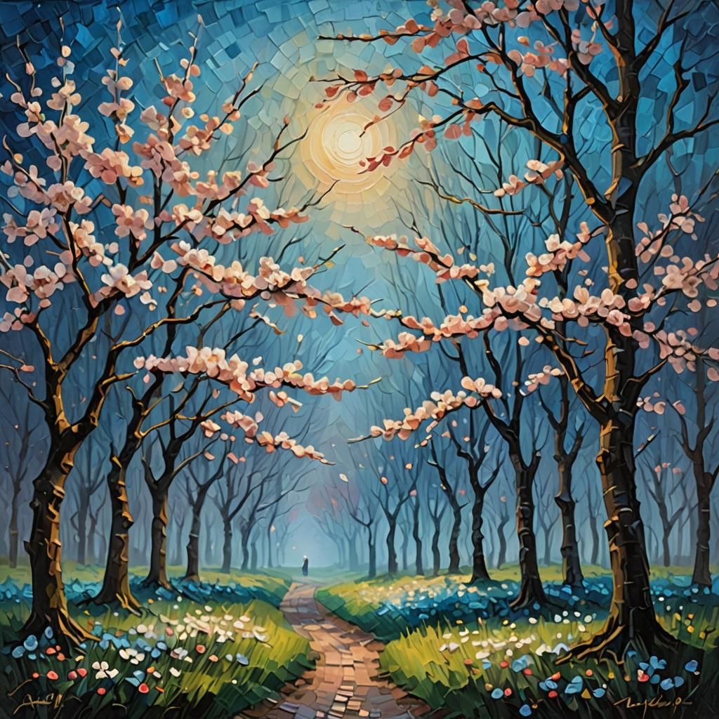 Cherry Trees at Twilight: Romantic Impasto Oil Painting