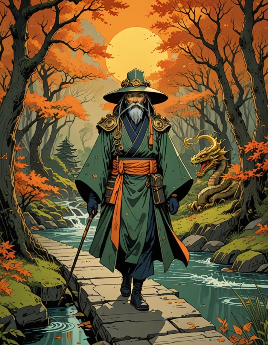 Steampunk Samurai Poet in Autumn Forest Scroll