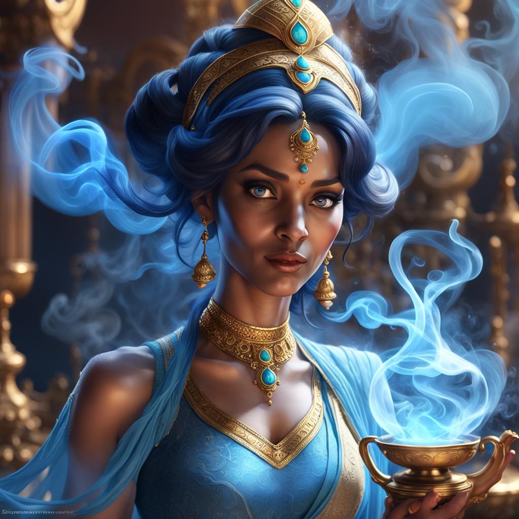 Blue Smoke Genie of Aladdin, Hyperdetailed Portrait