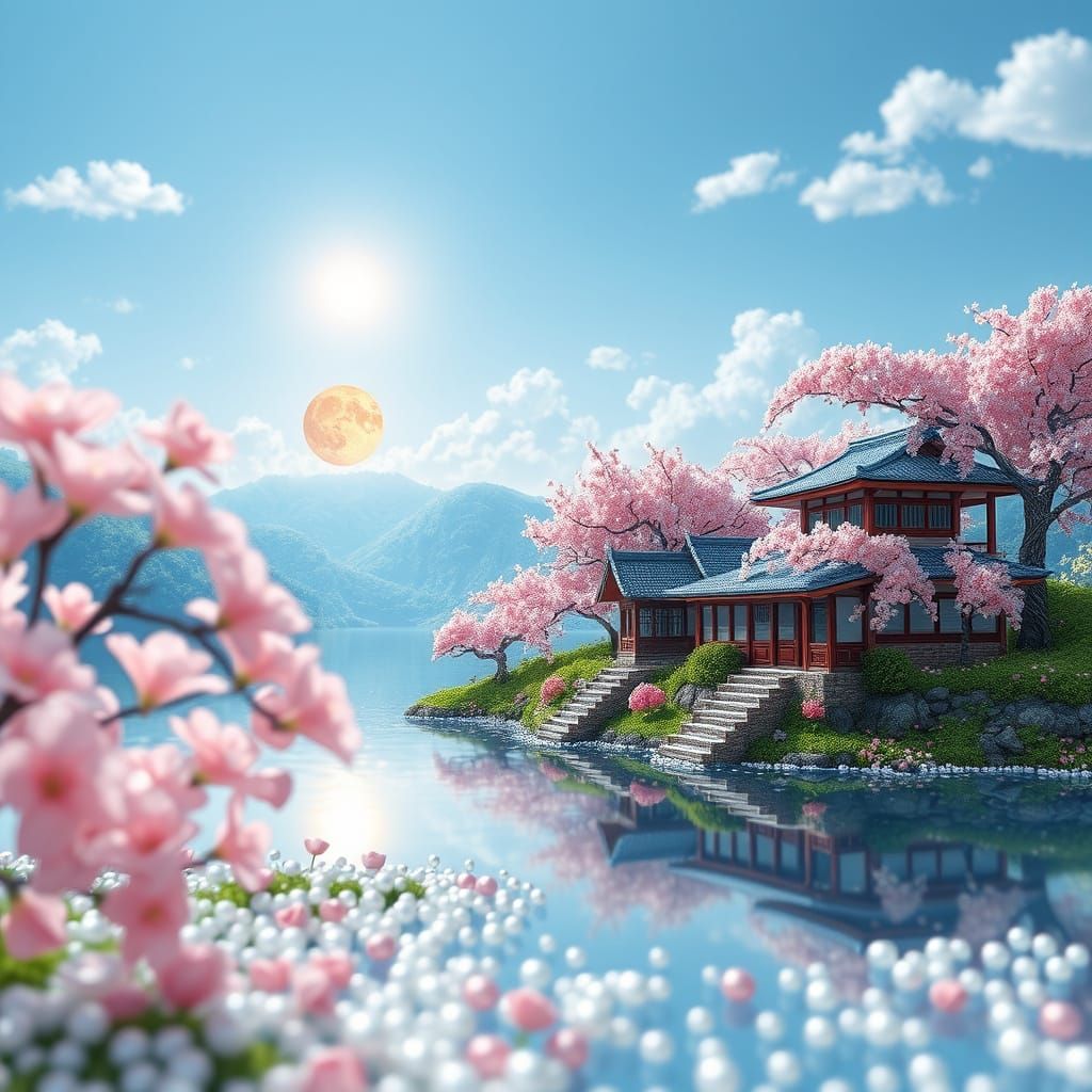 Beaded Japanese Lakeside Cherry Blossoms in Anime Art Style