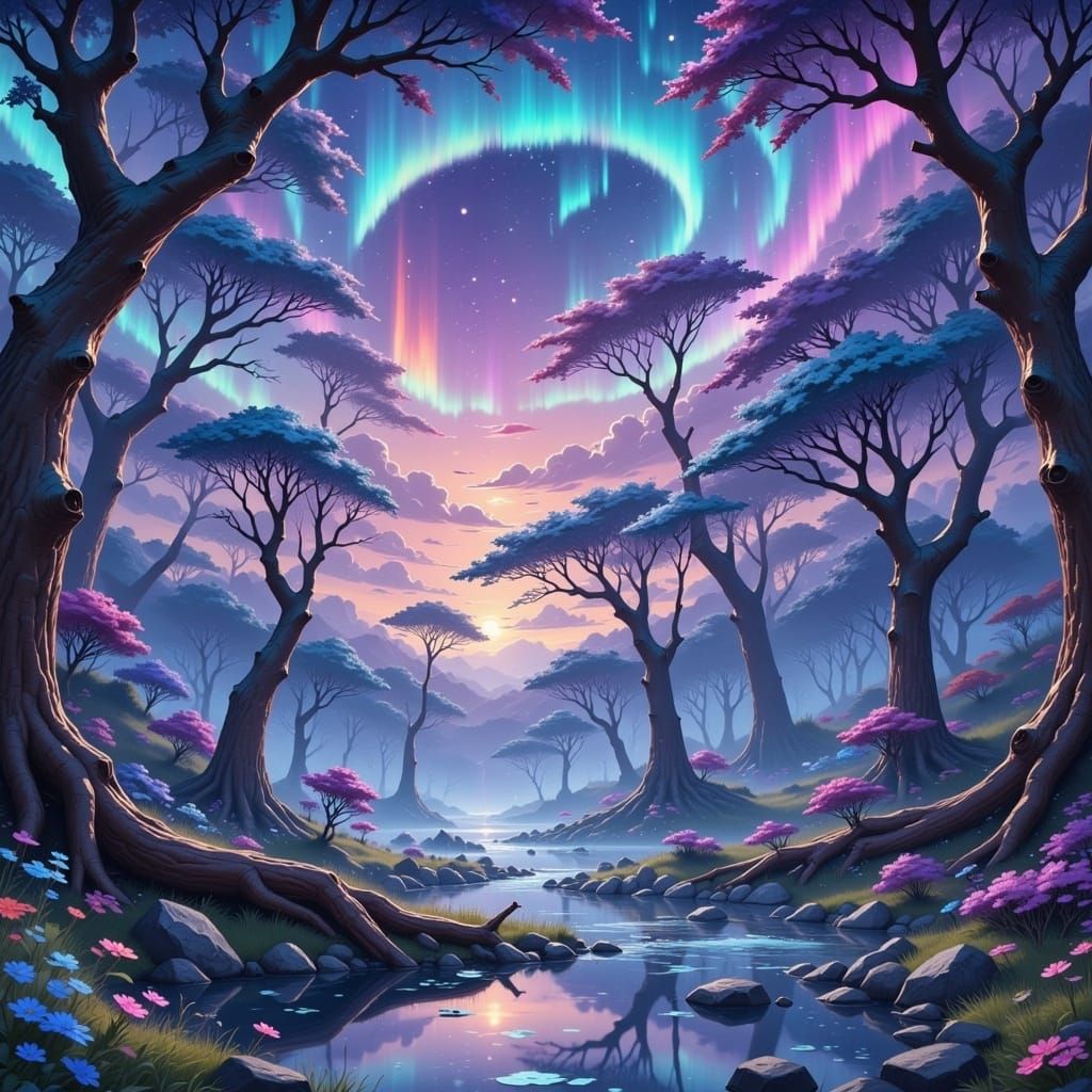 Mystical Landscape with Aurora Borealis in Fantasy Style