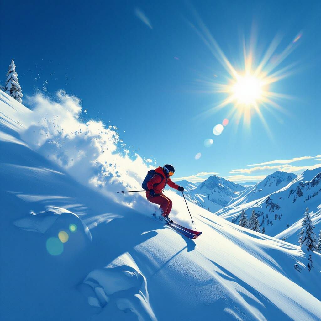 Skier Soaring Down Sunny Mountain Slope