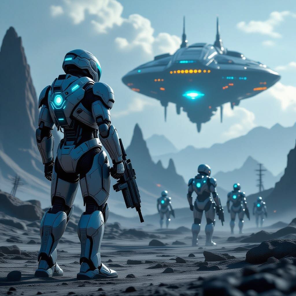 Mechanized Infantry in Futuristic Battle Landscape