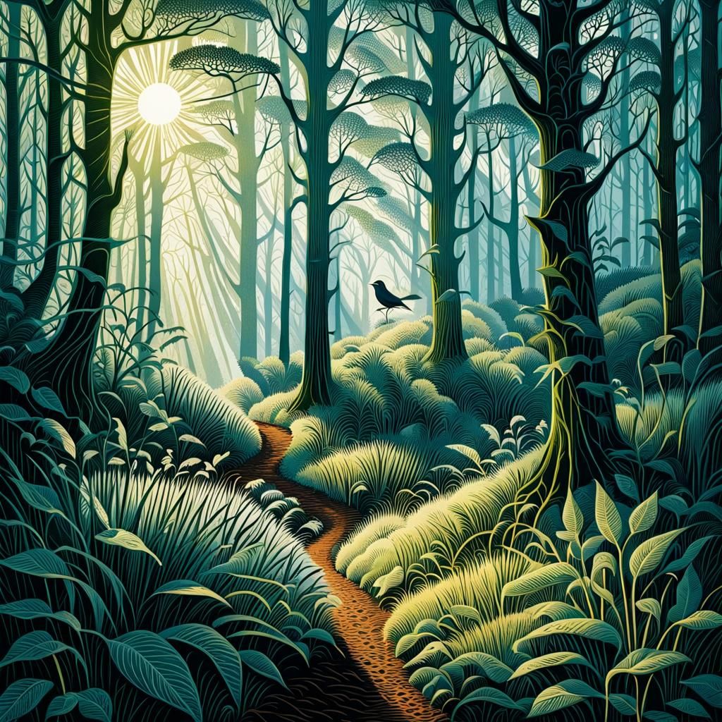 Sunlit Forest Clearing with Bird, Wood Engraving