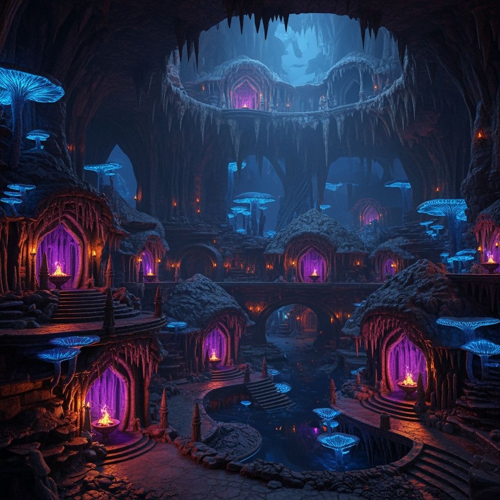 Drow City in Underground Caverns, 3D Render