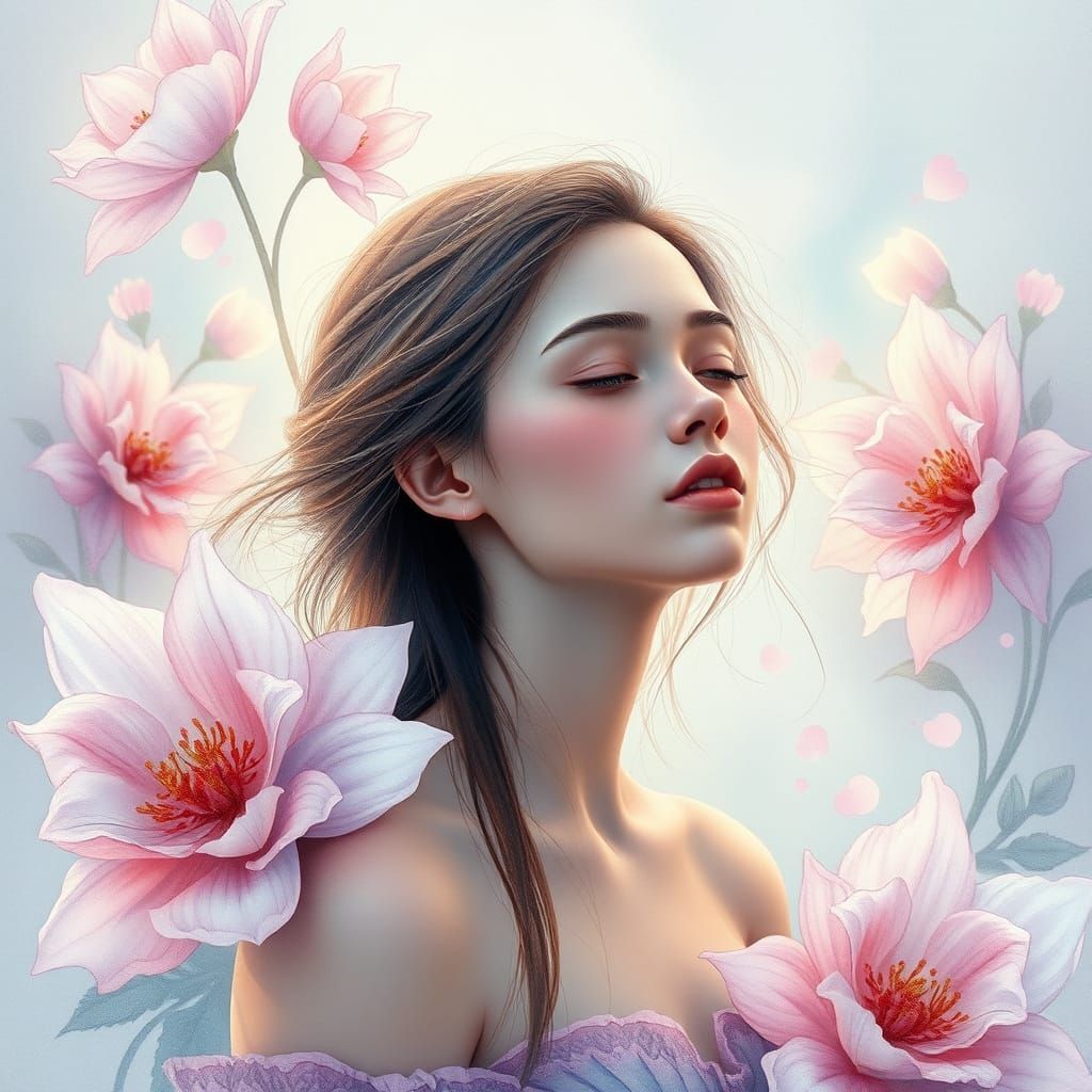 Ethereal Watercolor Fantasy Girl in Dreamy Blooms