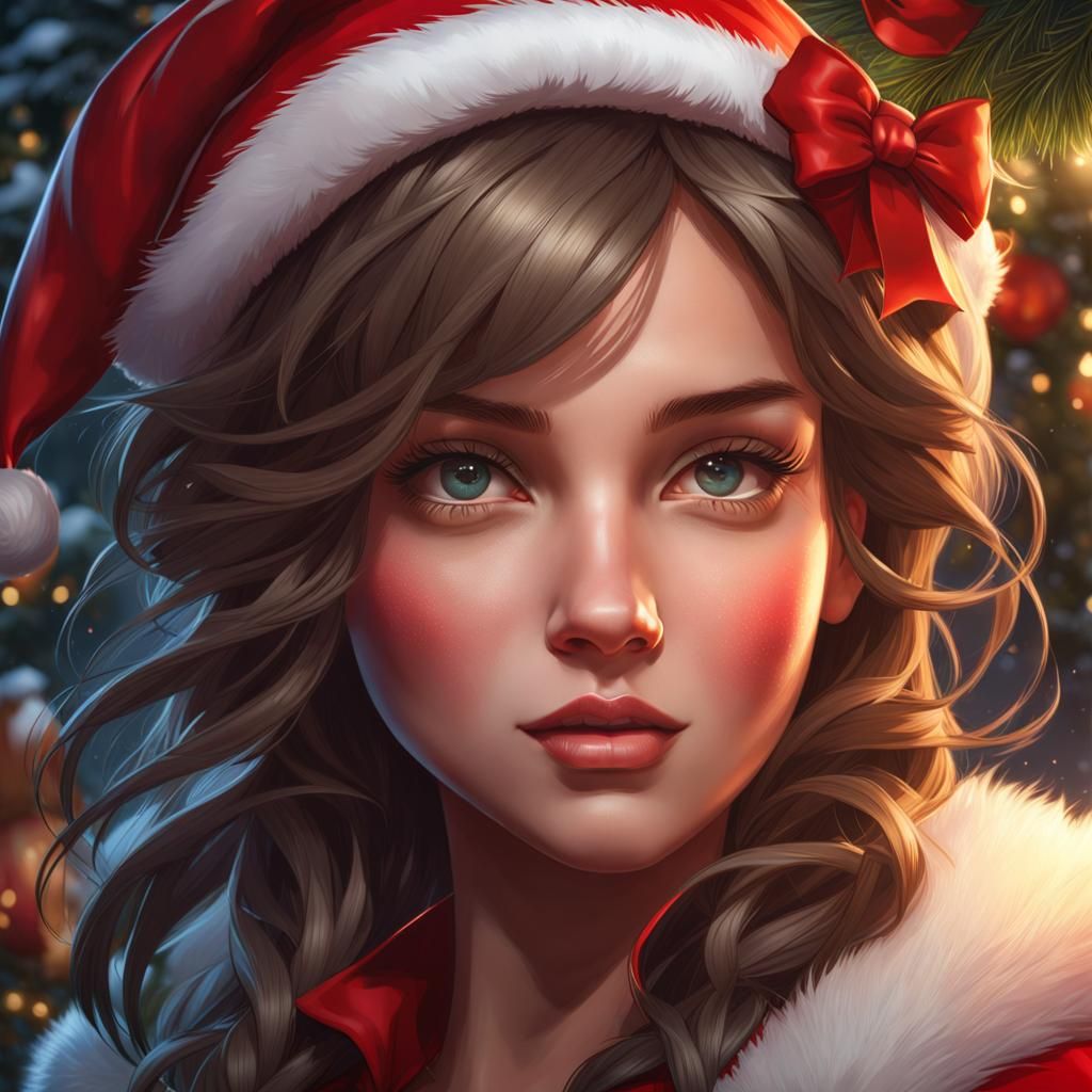 Girl Santa Portrait in Hyperdetailed Digital Art Style