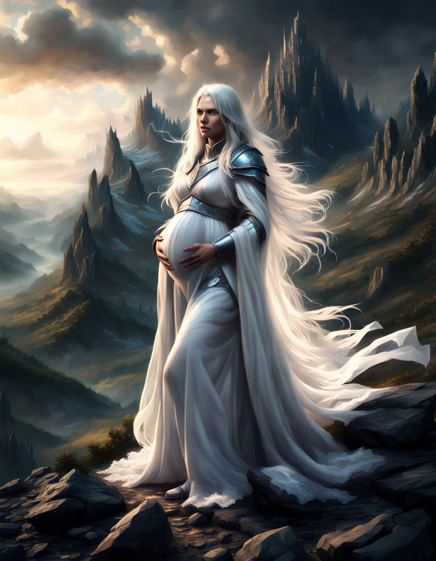 Pregnant Knight on Mountainside: Epic Digital Painting