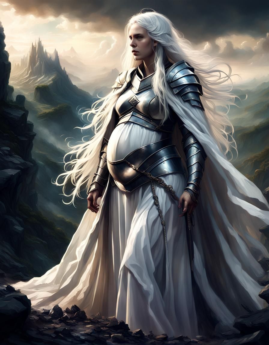 Pregnant Knight on Mountainside: Epic Digital Painting