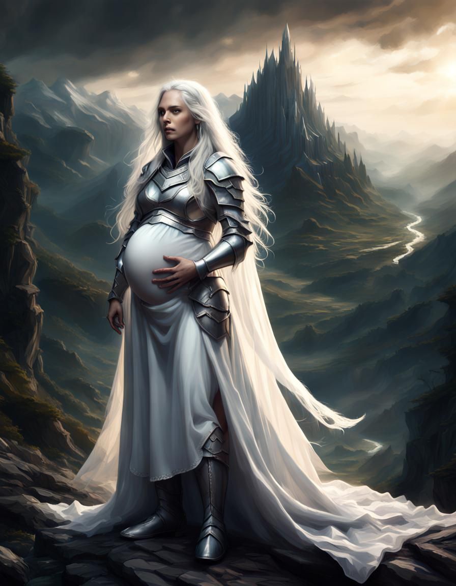 Pregnant Knight in White Armor on Mountain