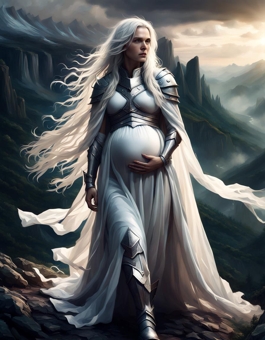 Pregnant Knight on Mountainside: Epic Digital Painting