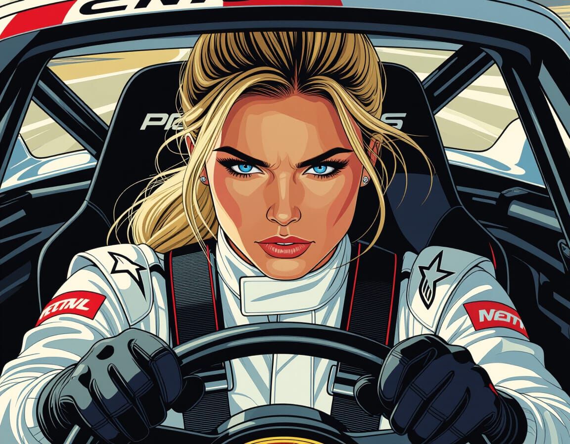 Blonde Race Car Driver in Le Mans Porsche, Comic Book Art