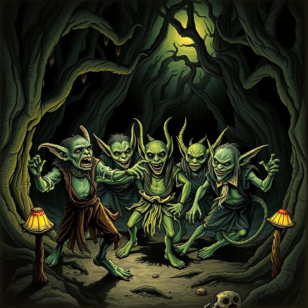 Grotesque Goblins Dancing in Enchanted Forest