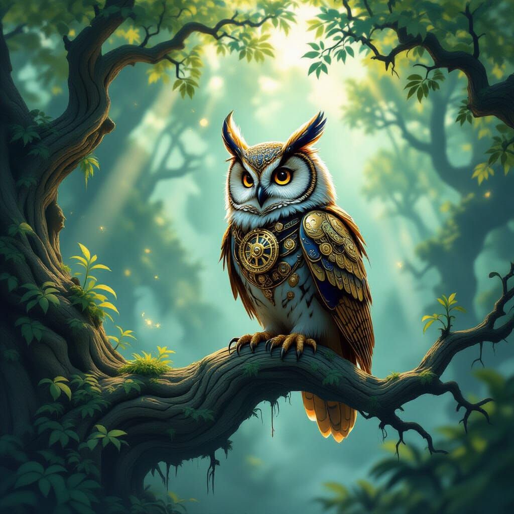 Clockwork Owl on Ancient Branch in Misty Forest