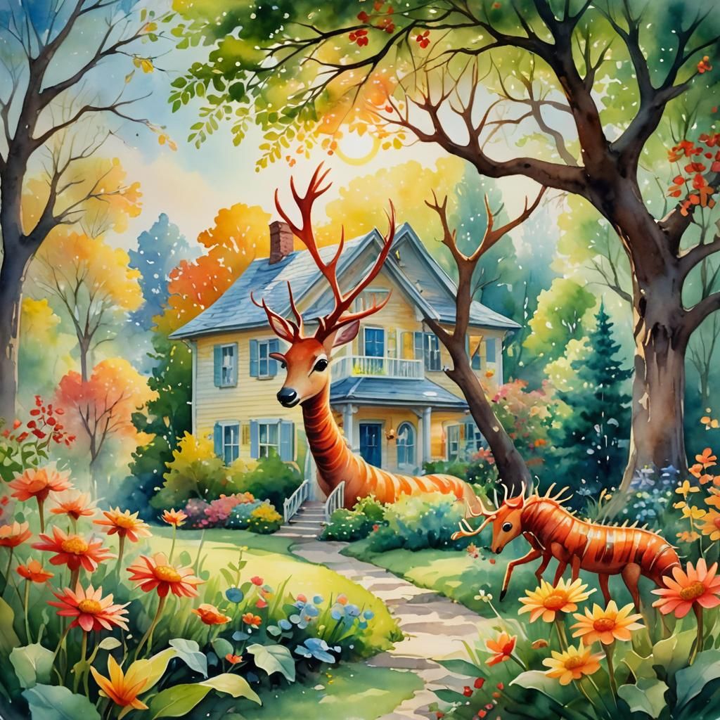 Centipede with Antlers Emits Sunshine, Watercolor Impression...