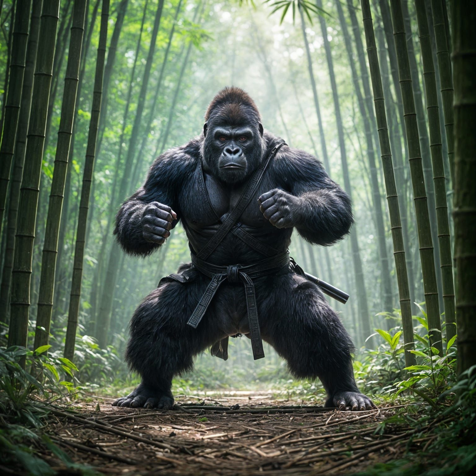 Ninja Gorilla in Bamboo Forest Clearing