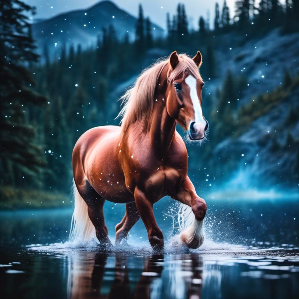 Belgian Horse Pawing in Misty Lake Under Milky Way