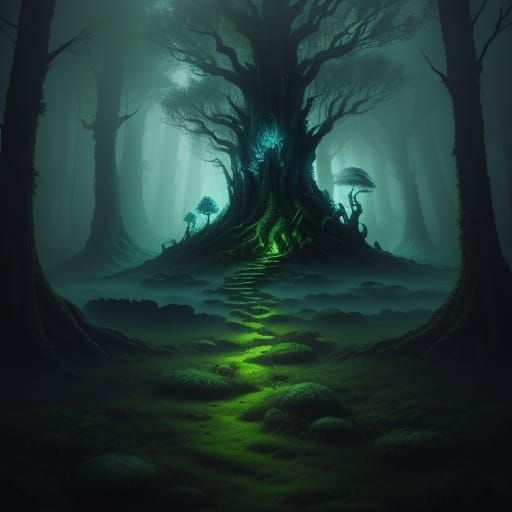 Trolls in Dark Forest: Moody Oil Painting