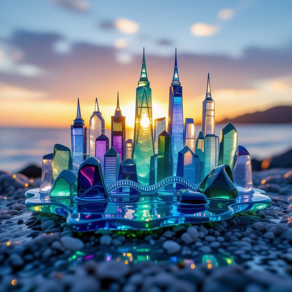 Fantastical Sea Glass City Skyline at Sunset