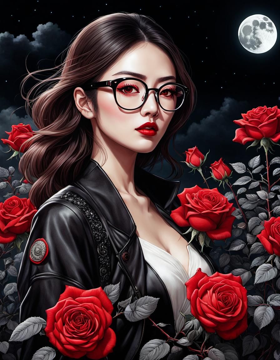 Woman with Moon and Roses: Detailed Pen and Ink Portrait