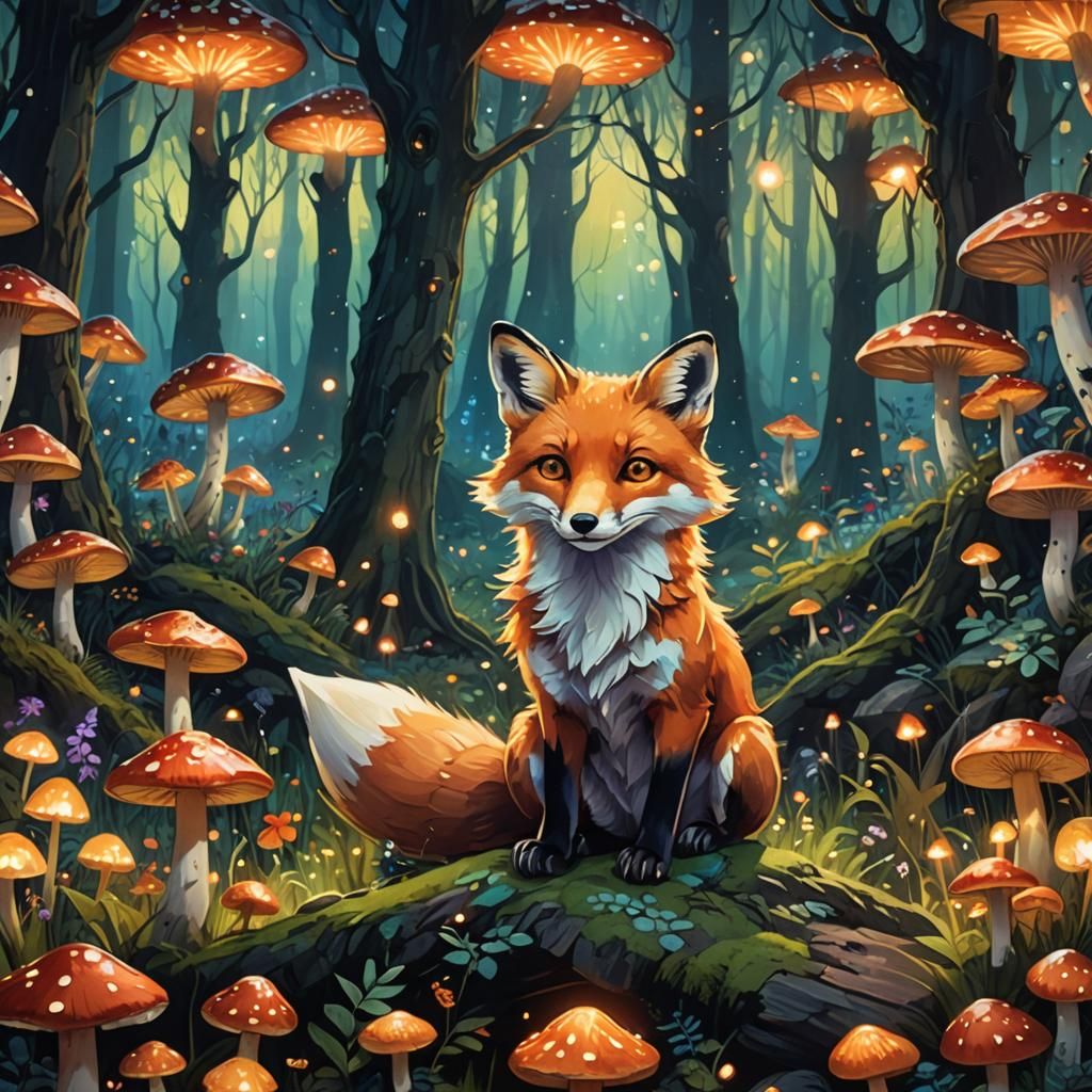Fox in Magical Forest, Anime Style Art Nouveau