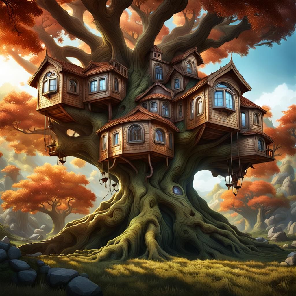 Metamorphic parametric organic synthetic houses in a giant tree, full hd octain render detailed matte painting, deep col...