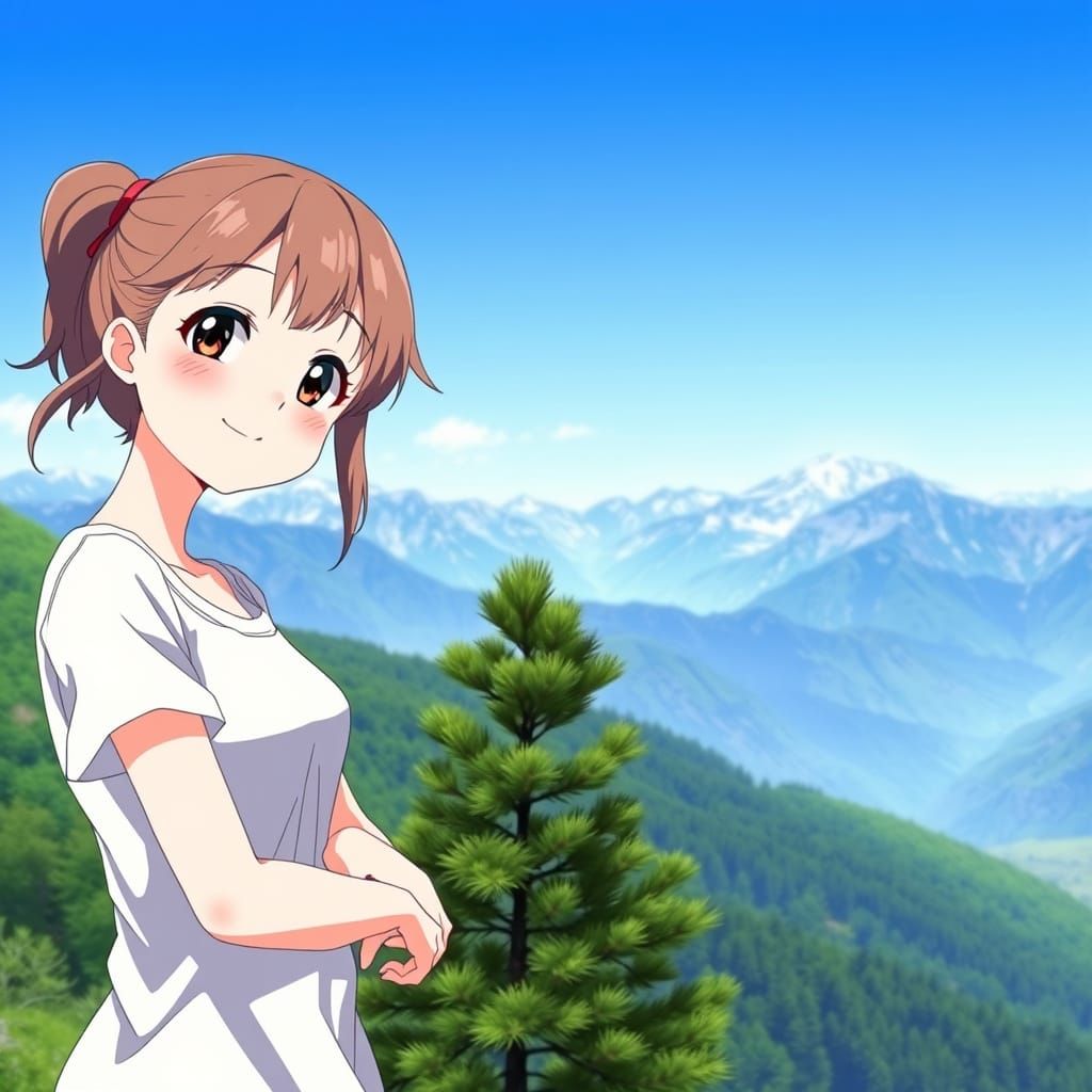 Anime Girl Poses in Vibrant Summer Landscape