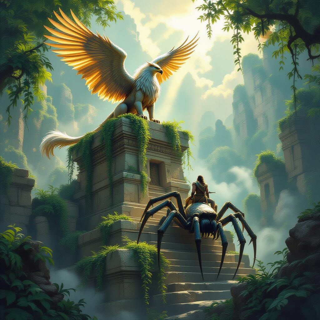Majestic Griffin on Ancient Ruins in Mystical Forest