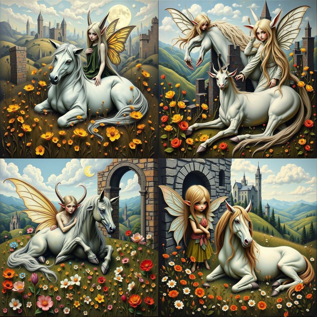 Whimsical Oil Painting of a Fairy and Unicorn in a Ruined La...