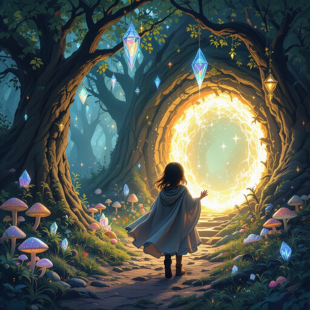 Enchanted Forest Portal with Flowing Cloak in Fantasy Art