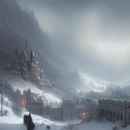 Medieval City Under Bridge in Winter Fantasy Style