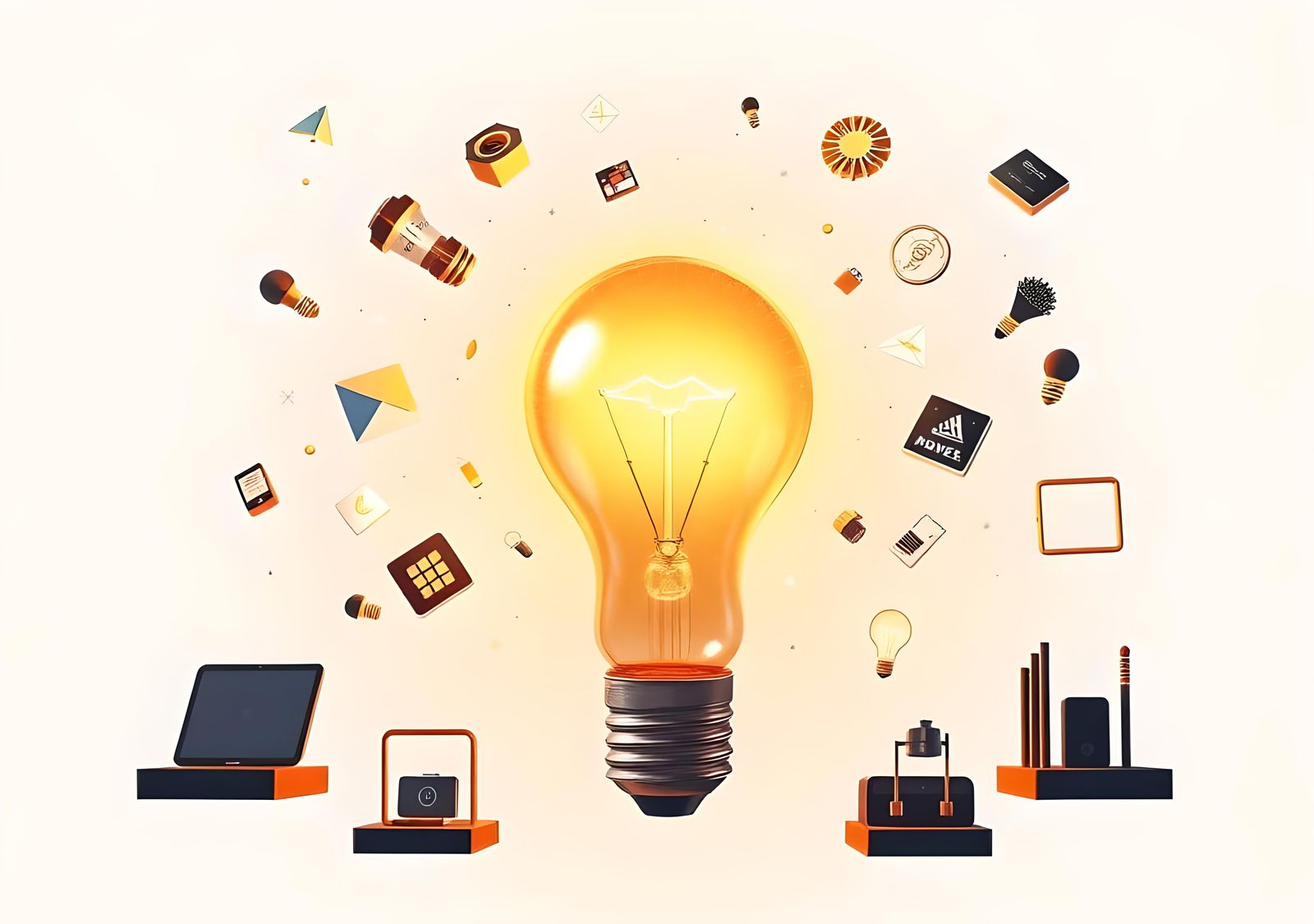 Technology Icons Surround Light Bulb in Detailed Digital Art