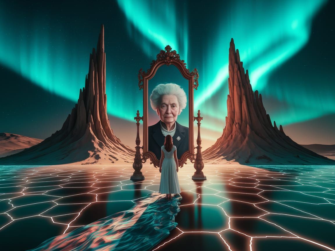 Surreal Mirror Between Basalt Spires Under Aurora