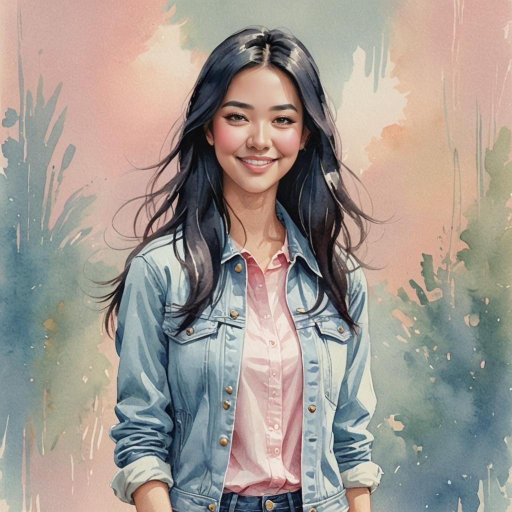 Watercolor Illustration of Woman in Denim Jacket
