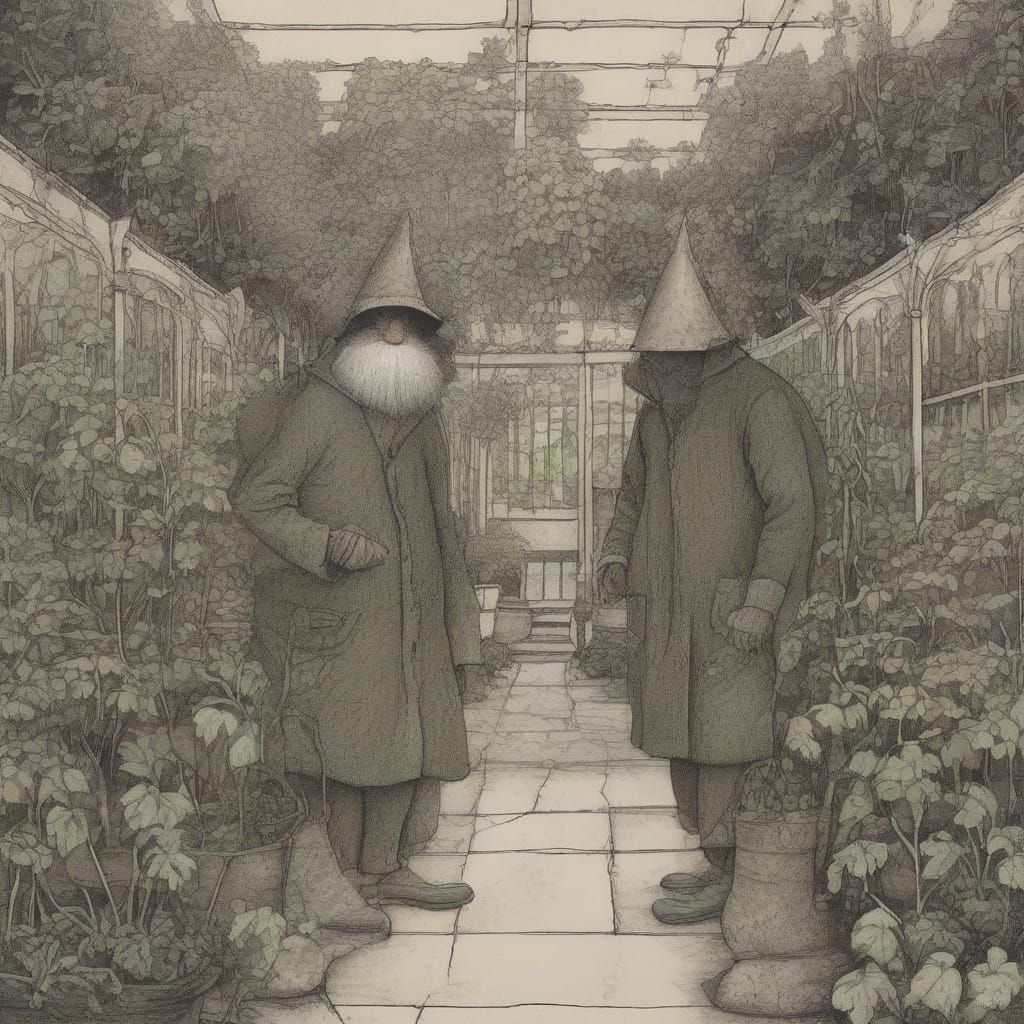 Mantises Gardening in Eerie Greenhouse, Edward Gorey Style