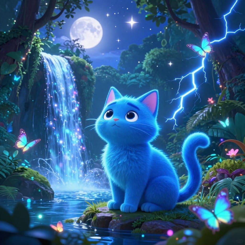 Vibrant Blue Cat by Shimmering Waterfall in Bioluminescent J...