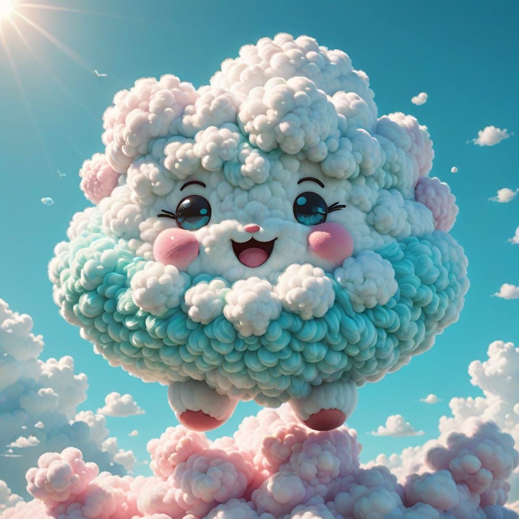 Fluffy Cloud Character in Turquoise Sky: 3D Render