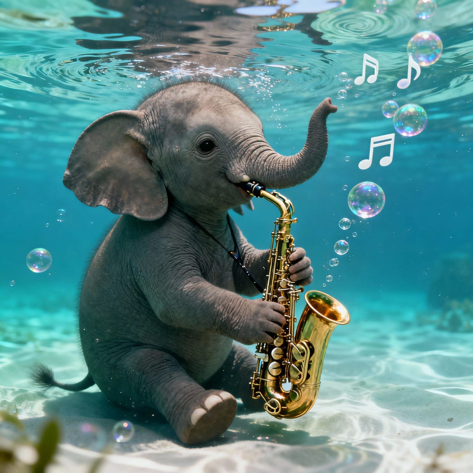 Baby Elephant Plays Saxophone Underwater in Serene Scene