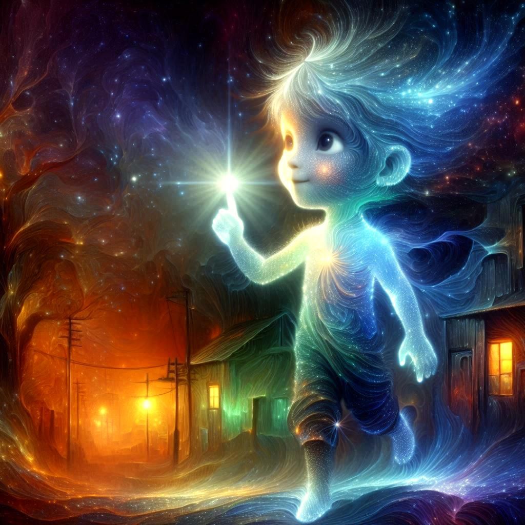 Iridescent Boy Lights Dark Village Path