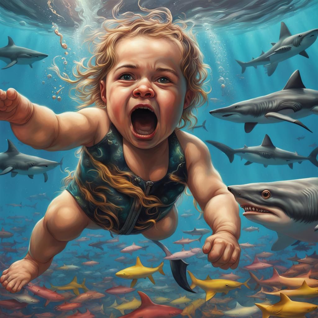 Hyperrealistic Nirvana Baby Swimming with Sharks