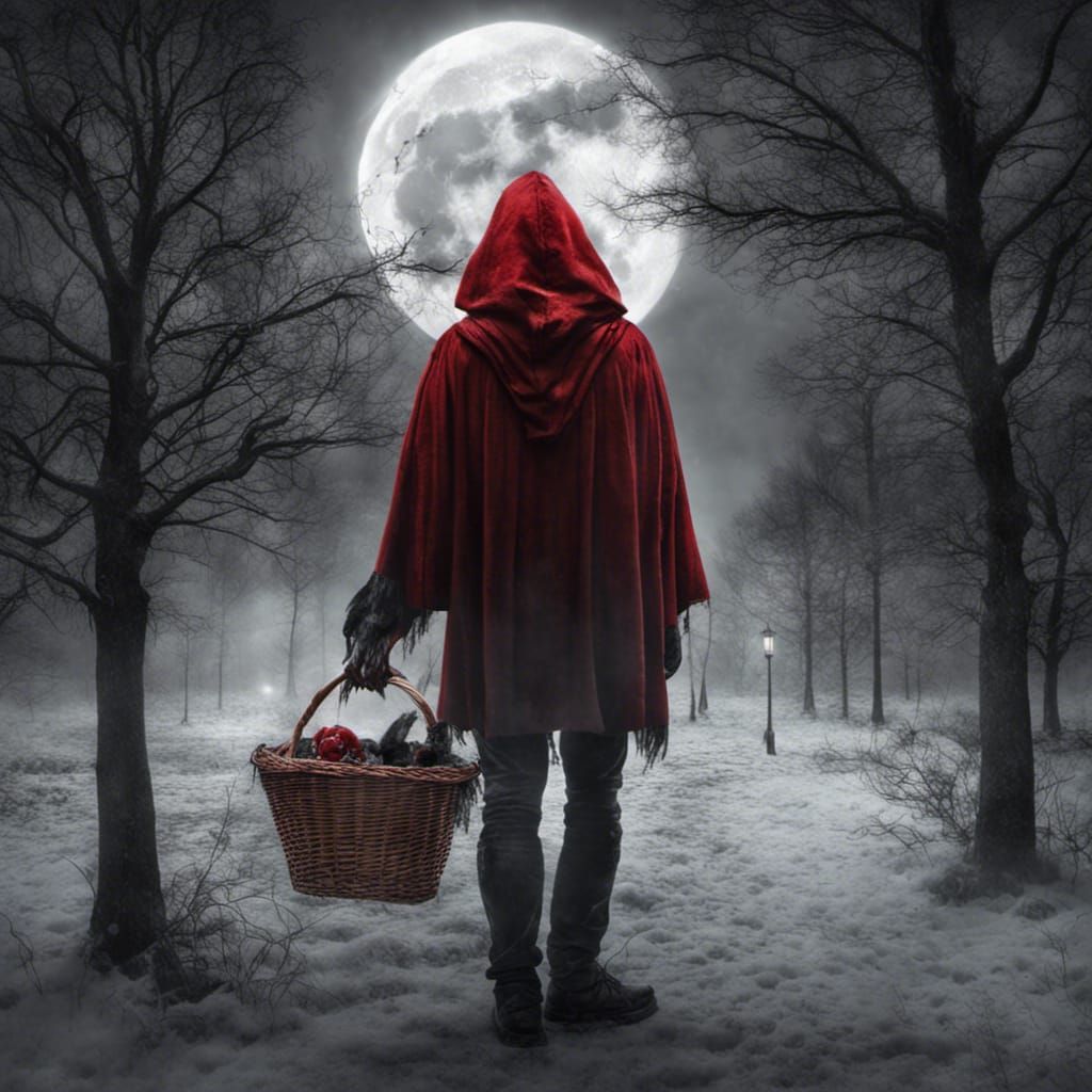 Red Riding Hood and Werewolf in Ominous Moonlight