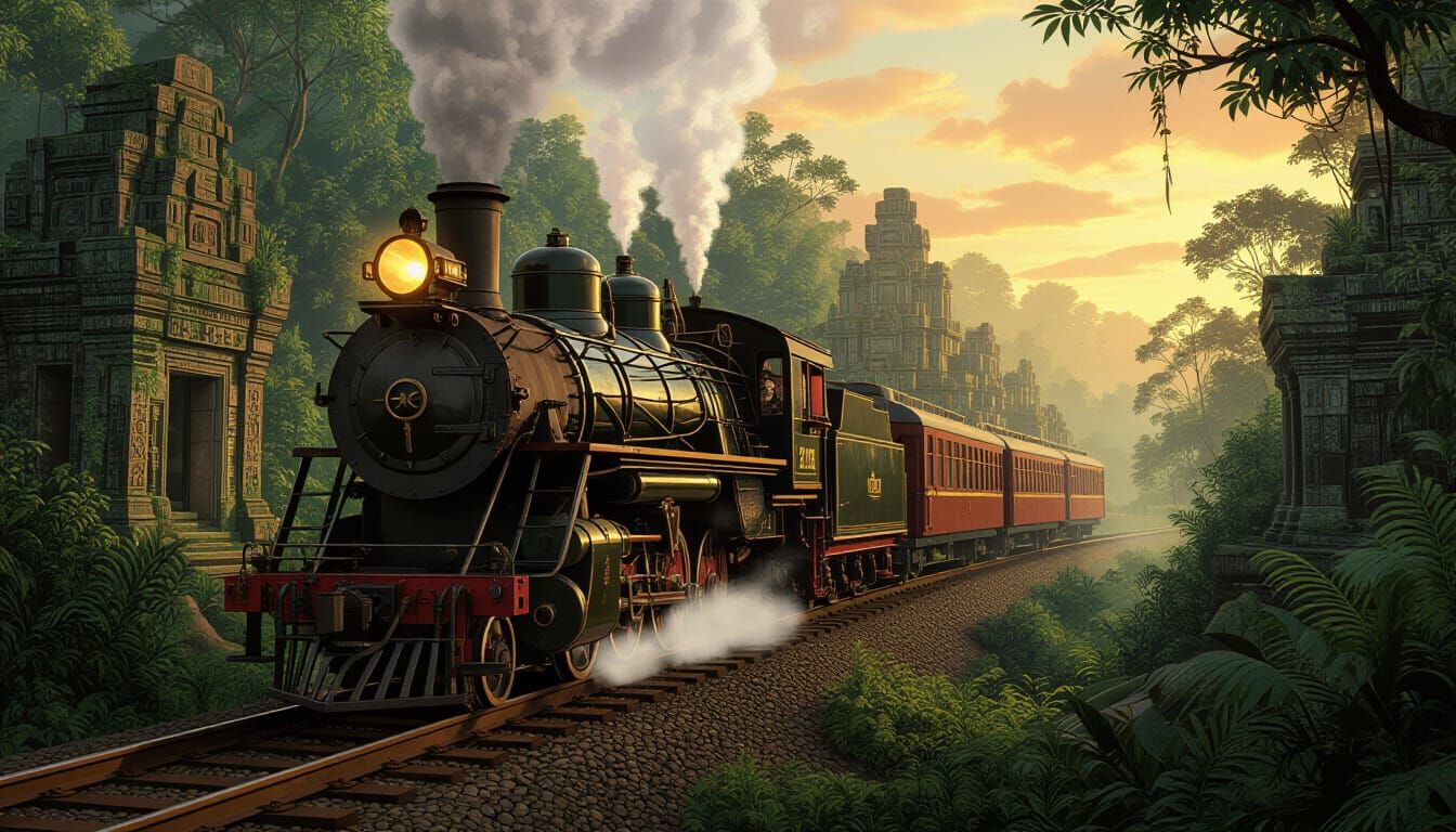 Vintage Jungle Train to Lost Ruins at Sunset