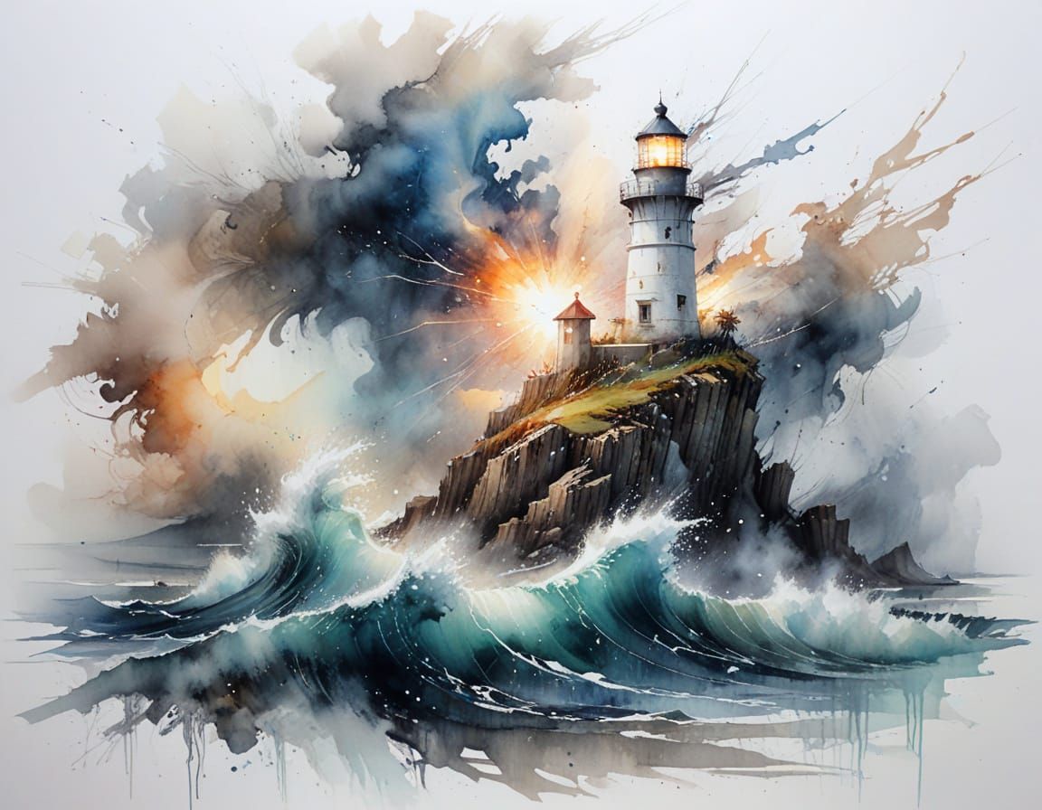 Cinematic Watercolour Lighthouse in Night Storm