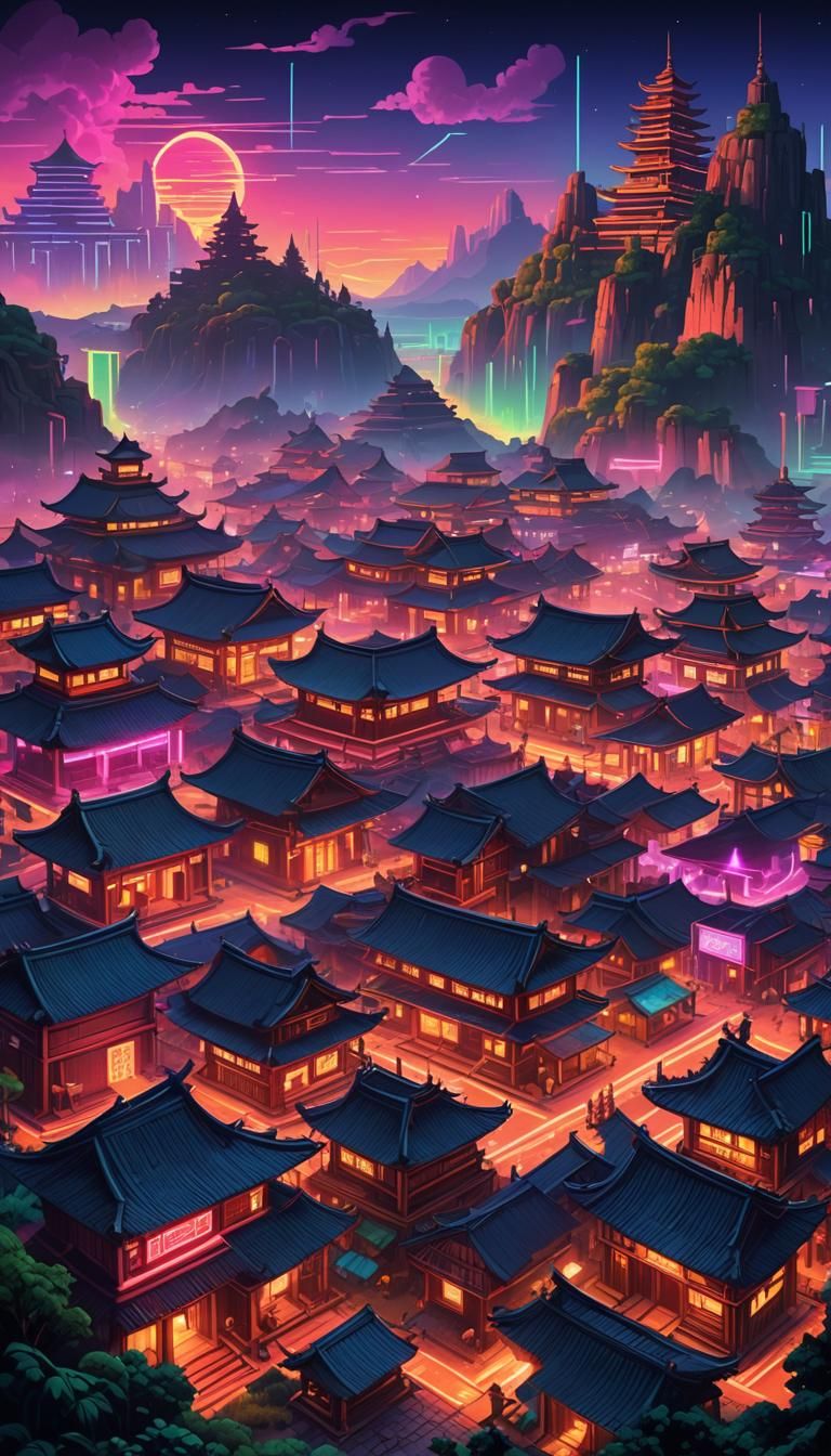 Synthwave Ancient City with Neon Lights in Pixel Art
