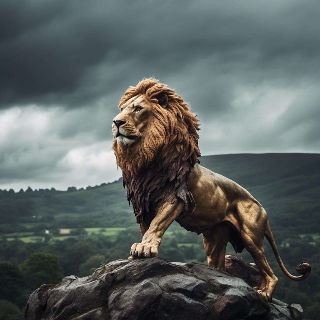 Aslan the Lion Roaring on a Cloudy Day