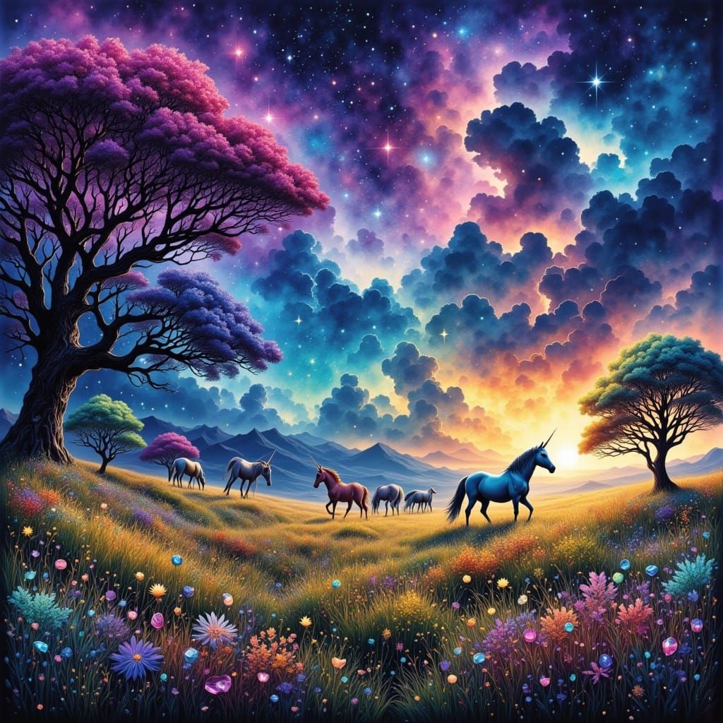 Rainbow Unicorns Grazing in Enchanted Meadow