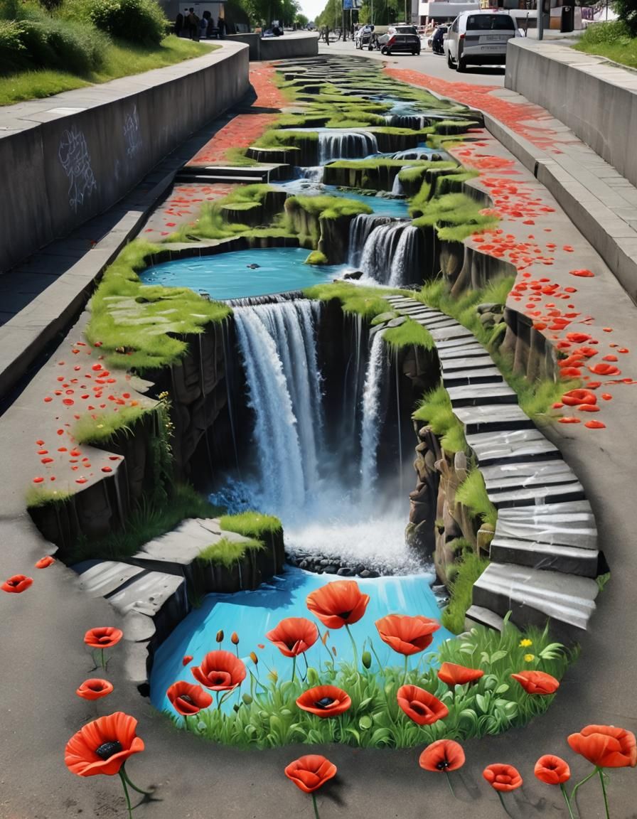 Street Art 3D Graffiti Portal to Waterfalls