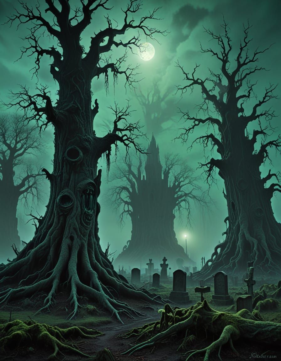 Towers Over a Fog-Shrouded Graveyard in Dark Fantasy